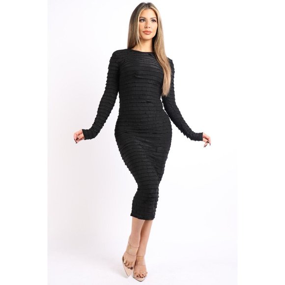 Women's Sexy Ruffled Textured Long Sleeve Bodycon Dress Round Neck Casual Party - Picture 10 of 11